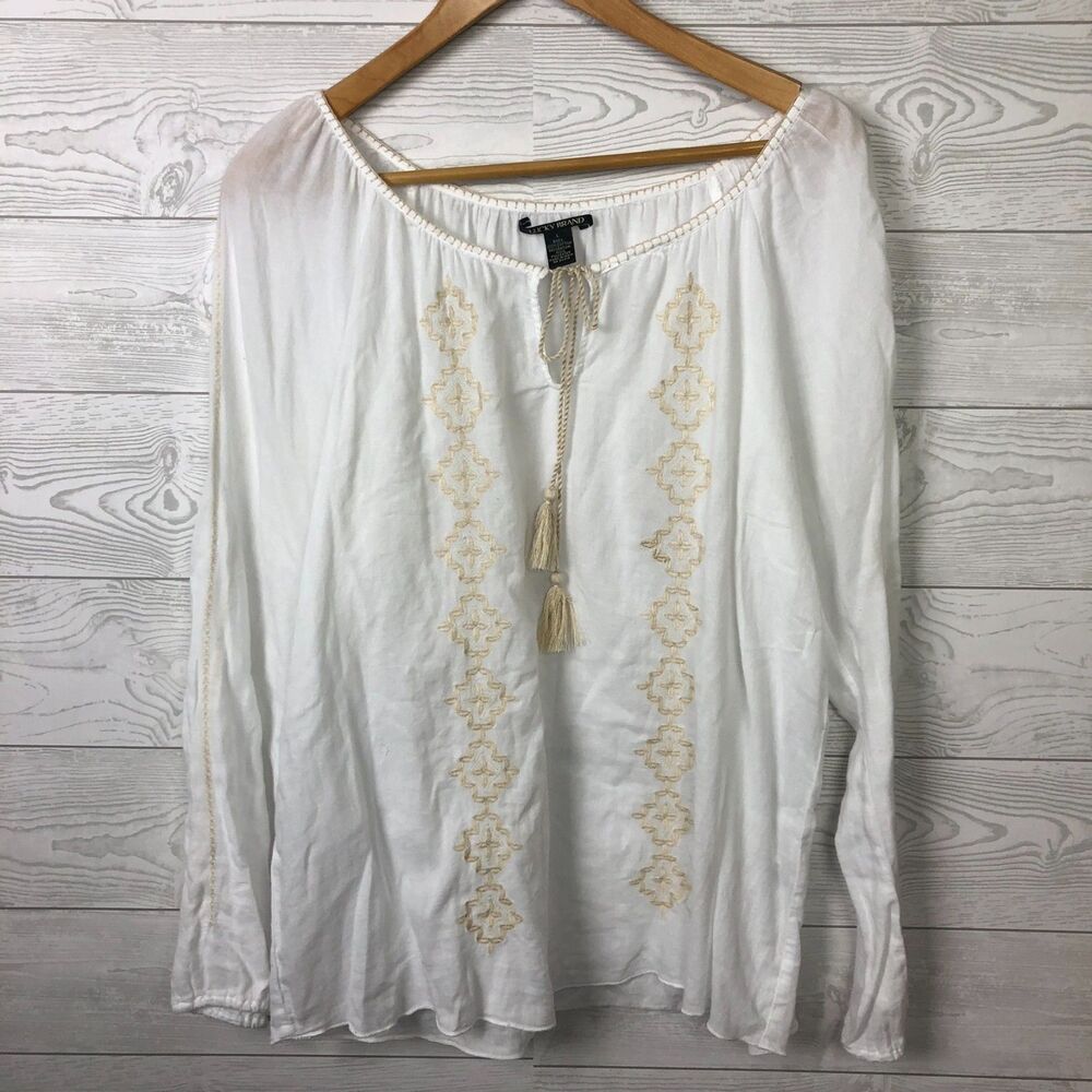Lucky Brand Women's Large Embroidered Peasant Blouse Top Long Sleeve 100% Cotton